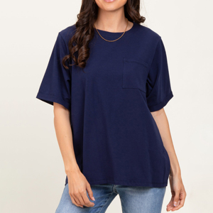 Camiseta de Mujer con Cuello Redondo, Manga Corta, Color Azul Marino, 100% Algodón, Transpirable, ODM, con Bolsillo Delantero, Bordado Personalizado, Camiseta Estampada para Mujer - Product Image 1