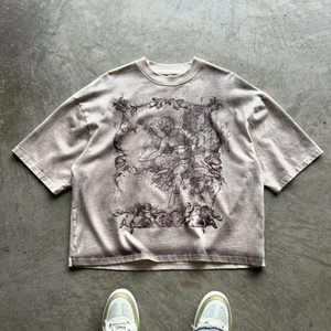 เสื้อยืดโอเวอร์ไซส์สีดำสำหรับผู้ชาย แขนสั้น คอกลม ปักลายดอกไม้ด้านหน้า สไตล์วินเทจ ผ้าฝ้ายทอ - Product Image 3