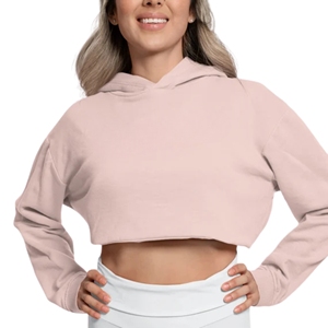 Women's Gray Hooded Crop Sweatshirt Full Sleeve Knitted Solid Casual Breathable Winter Wear Polyester <b>Zippers</b> - Product Image 4