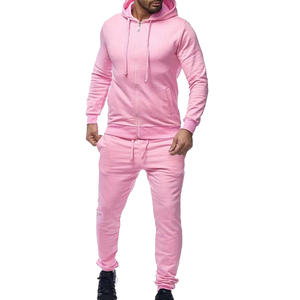 Ensemble de survêtement rose à capuche pour homme, sweat-shirt à fermeture éclair à manches longues avec poches latérales, tenue décontractée d'automne, couleur unie, coupe classique - Product Image 1