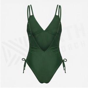 Women One Piece Swimsuit Deep V Neck Ruched Side Tie Halter Swimwear Solid Green Stretch Fabric - Product Image 2