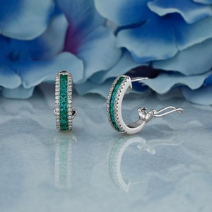<b>Emerald</b> Green Hoop <b>Earrings</b> White Diamond Accents 14K White <b>Gold</b> Finish Huggie Style Luxury Wedding Fine Jewelry Women Elegant - Product Image 3