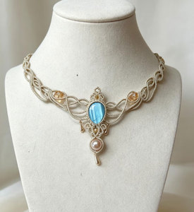 Handmade Blue Kyanite Pearl Macrame Choker <b>Necklace</b> Gold Cord Natural Gemstone Boho <b>Statement</b> Healing Jewelry - Product Image 3