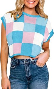 SAJZA Gilet court sans manches décontracté pour femme, respirant, en jacquard à carreaux, fin, d'été, tricoté, color block, col rond - Product Image 3