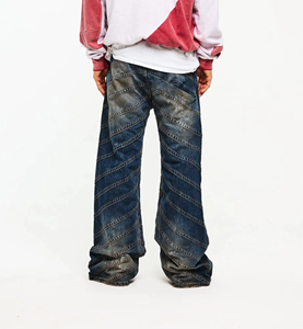 Men's Stonewashed Wide Leg <b>Jeans</b> Drawstring <b>Elastic</b> Waist Street Style Denim Pants - Product Image 2