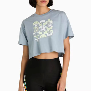 INDEX APPAREL Women's Light Blue Crop <b>Top</b> Crew Neck Short Sleeve Floral Printed Casual Spring Summer Wear - Product Image 6