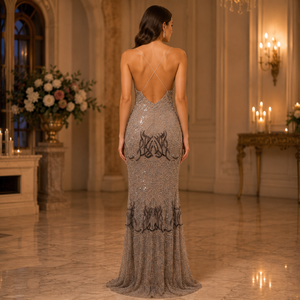 Luxury Champagne Beaded Evening Gown Women Deep V Neck <b>Sequin</b> Embroidered Maxi Dress Sleeveless Formal Wedding Party Bridal - Product Image 4