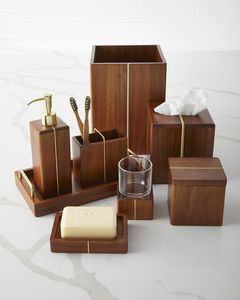Juego de baño de madera de diseño moderno, dispensador de jabón cuadrado, caja para pañuelos, soporte para cepillos de dientes, bandeja, fácil de limpiar, juego de seis piezas - Product Image 4