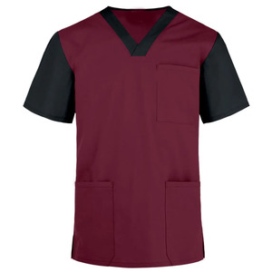 Blouse de travail marron à col en V et manches courtes avec manches contrastantes noires et passepoil, uniforme d'hôpital - Product Image 1