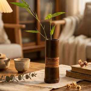 Vase de sol en bambou fait main, rustique, contemporain, pour mariage, support de fleurs hydroponiques, pot à stylos zen, minimaliste, en bois, pour salle de thé - Product Image 1