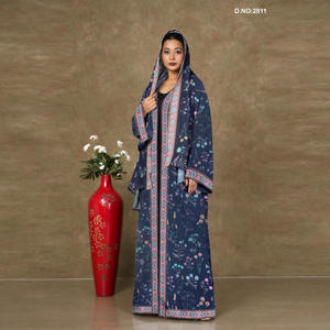 Chiffon Floral Printed Open Front Abaya Style <b>Shrug</b> with Hood Border Panel Modest Fashion Long Length Elegant Flow Design - Product Image 2