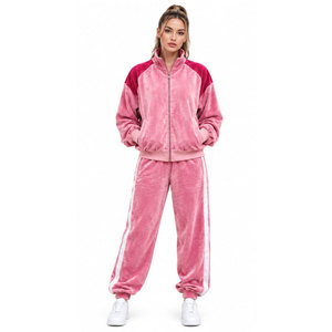 <b>Women's</b> Pink <b>Velvet</b> <b>Tracksuit</b> Color Block Zip Up Jacket Long Pants Sporty Set - Product Image 5