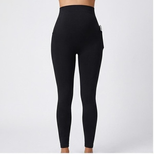 High Waist Full Length Yoga <b>Leggings</b> <b>With</b> <b>Pockets</b> Solid Black Seamless Four-Way Stretch Spandex Polyester Women's Sportswear - Product Image 1