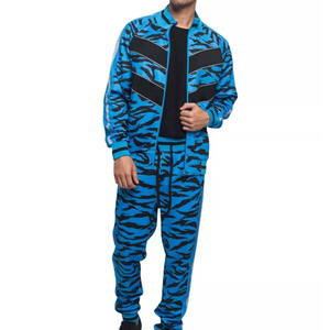 Ensemble de survêtement pour homme à imprimé tigre bleu, fermeture éclair intégrale, manches longues, col montant, design sportif respirant, coupe régulière avec poches latérales - Product Image 5