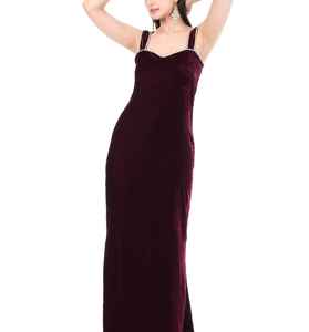 Robe longue en velours bordeaux de luxe moderne |   Robe de soirée élégante longue jusqu'au sol |   Robe en velours sans manches avec bretelles ornées - Product Image 2