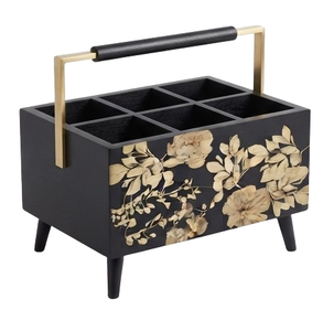 Caddy de Madera Moderno Estilo Escandinavo con Acabado Negro y Diseño Floral Pintado, Decoración para el Hogar, Pieza Individual para Mesa - Product Image 4
