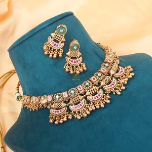 Vamya Antique Gold Plated Zircon Beaded Designer Necklace and Earring Set for Wedding - Product Image 2