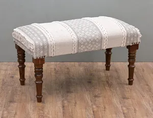 Handmade Wooden Bench with Handwoven Cotton Jute Seat Boho Farmhouse Upholstered Entryway Bench Ottoman for Home Decor - Product Image 2