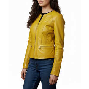 Veste courte imprimée sans col en cuir de mouton jaune moutarde sur mesure pour femme taille XS, élégante, raffinée et minimaliste, fabriquée à la main - Product Image 3