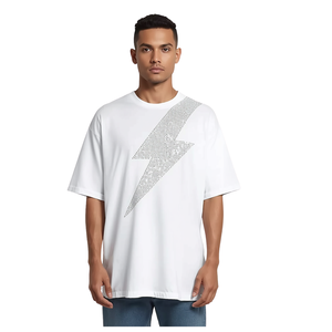เสื้อยืดโอเวอร์ไซส์ลายกราฟิกสายฟ้าประดับคริสตัลสีขาวสำหรับผู้ชาย เสื้อผ้าแฟชั่นผ้าฝ้าย - Product Image 1