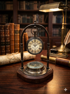 Vintage Antique Brass Nautical <b>Desk</b> Table <b>Clock</b> with Compass Wooden Base Top London Style Decorative Home Office Timepiece - Product Image 1