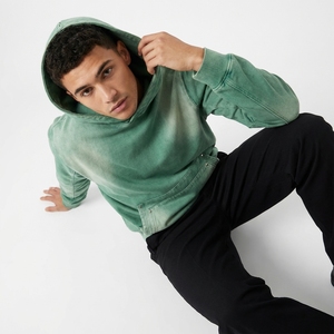Sudadera con Capucha Verde para Hombre, Lavado Ácido, Corte Regular, Felpa de Algodón, Estilo Casual para Otoño, con Bolsillos - Product Image 1