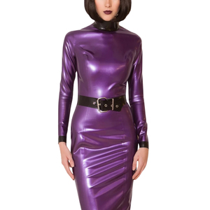 Vestido ajustado morado de PU con cuello alto, manga larga, hasta la rodilla, con cinturón, para fiesta, color liso - Product Image 6