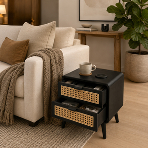 Table de chevet moderne en teck noir avec tressage en rotin, 2 tiroirs de rangement, mobilier de chambre au design mid-century, vente en gros - Product Image 6