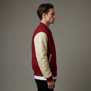 Mens Burgundy Wool <b>Jacket</b> Cream Sleeves Rib Knit Collar Cuffs Full Zip Front Premium Casual Streetwear Custom Outerwear <b>Jacket</b> - Product Image 3