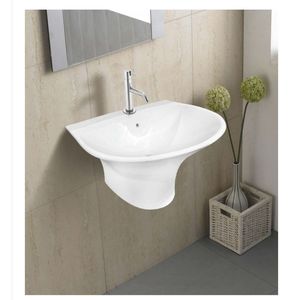 Lavabo rectangular de cerámica avanzado para colgar en la pared, 485x445x300mm, con pedestal de media columna, flotante, para baño, superficie lisa - Product Image 5