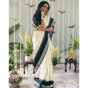 BANARASI SOIE DOUCE À LA MODE SAREE DE TRAVAIL DE TISSAGE DORÉ AVEC CHEMISIER INCOSÉ BLANC CASSÉ - Product Image 1