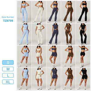 Ensemble de yoga pour femmes, haut court à bretelles spaghetti couleur crème, leggings taille haute longueur intégrale, ensemble 2 pièces sans couture - Product Image 6