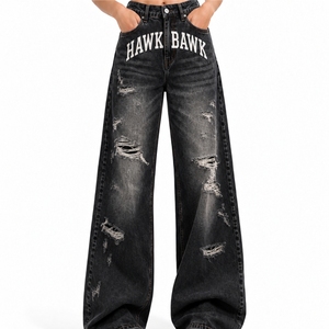 <b>Women</b> Denim <b>Baggy</b> <b>Jeans</b> Custom Color Straight Breathable Distressed Wide Leg Denim Pants Letter Print Hip Hop Y2K Streetwear - Product Image 1