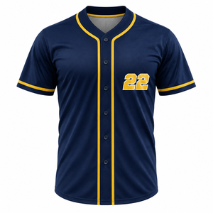 Maillot de baseball bleu marine personnalisé avec bordure jaune et boutons sur le devant, uniforme d'équipe - Product Image 1