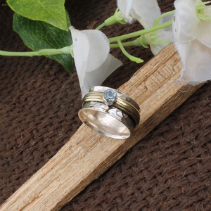 Shree Jaipur Silver Natural Blue Topaz Bezel Set Classic <b>Spinner</b> <b>Ring</b> 925 Sterling Silver Hammered Band Two-Tone Gold Accent - Product Image 5