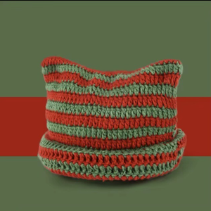 Gorros holgados de Navidad para mujer, rojos y verdes, de ganchillo, acrílico y algodón, con orejas de demonio, diablo, gato, zorro, tejidos a rayas - Product Image 3