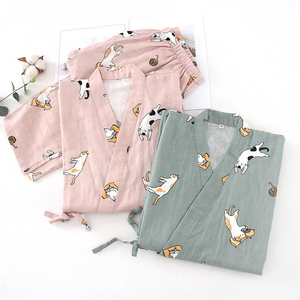 Conjunto de pijama tipo kimono de gasa para mujer, ropa de estar por casa transpirable de doble capa con pantalones largos para el hogar, ropa de dormir y relajación - Product Image 5