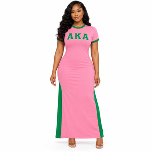 Vestido largo casual de manga corta verde y rosa para mujer con estampado de letras griegas, ropa de hermandad, atuendo de moda ajustado para equipo - Product Image 1
