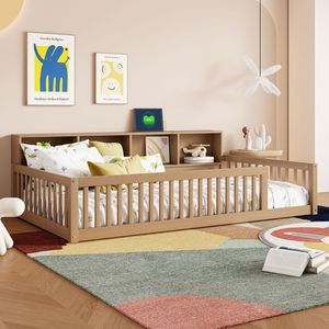 Letto a pavimento in legno marrone Twin XL con armadietti contenitore e porte USB - Prodotto per letti per bambini - Product Image 3