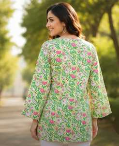 Haut court en coton pur imprimé floral indien à col halter pour femme, tunique décontractée d'été à motifs imprimés à la main, vêtement féminin - Product Image 4