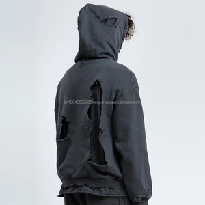 Sudaderas con capucha personalizadas para hombre, peso pesado, lavado con ácido, sudadera con capucha para hombre, dobladillo crudo rasgado, bordado de socorro, envío DDP - Product Image 3