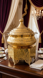 ถาดอุ่นอาหารทรงกลมเคลือบทองหรูหรา พร้อมขาตั้งโค้งสูงและที่ใส่เชื้อเพลิงเจล - Product Image 5