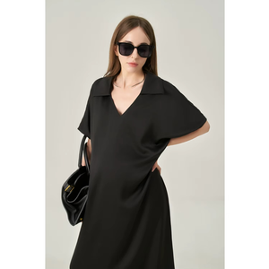 ผ้าไหมซาตินย้อมสีเรียบสไตล์วินเทจ เรียบง่าย ระบายอากาศได้ดี แขนเสื้อโปโลแบบปกติ ทอแบบมินิมอล เอวหลวม ใส่สบายในฤดูร้อน กระดุมติดแบบมิดิ - Product Image 1