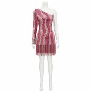 Minivestido Rosa con Lentejuelas y Flecos para Mujer, de un Solo Hombro, Manga Larga, Brillante, Ajustado, para Cóctel, Fiesta, Club, Noche, Baile, Evento, Moda - Product Image 1
