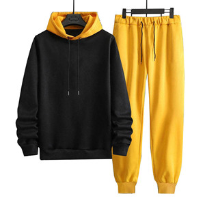 <b>Black</b> Yellow Men Tracksuit Set Casual Hooded Sweatshirt Jogger <b>Pants</b> Casual Wear Solid Color Autumn Style Regular Fit Adult Size - Product Image 1