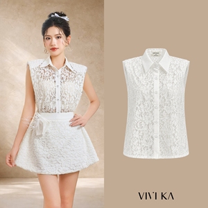 Chemisier sans manches en dentelle florale blanche pour femme, col chemise, boutons sur le devant, haut élégant, respirant, printemps-été, GINNY - Product Image 1