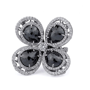 Bague de cocktail en forme de fleur pour femme, en argent 925, diamant noir taille poire, bijoux de luxe pour soirée - Product Image 1