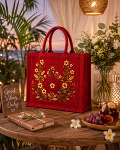 Bolsa de Mano Abierta de Yute Roja de Lujo con Bordado Floral para Mujer, Hecha a Mano, Ecológica, para Regalo - Product Image 5