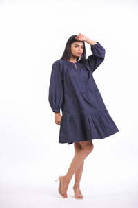 Vestido de Algodón para Mujer, Estilo Casual, Holgado, Manga Larga, Mini Vestido, Color Sólido, Cuello Fruncido - Product Image 5