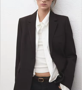 Blazer de Mujer, Color Marrón Oscuro Sólido, Cuello con Muescas, Cierre de un Botón, Manga Larga, Corte Regular, 100% Algodón, Tela de Sarga - Product Image 5